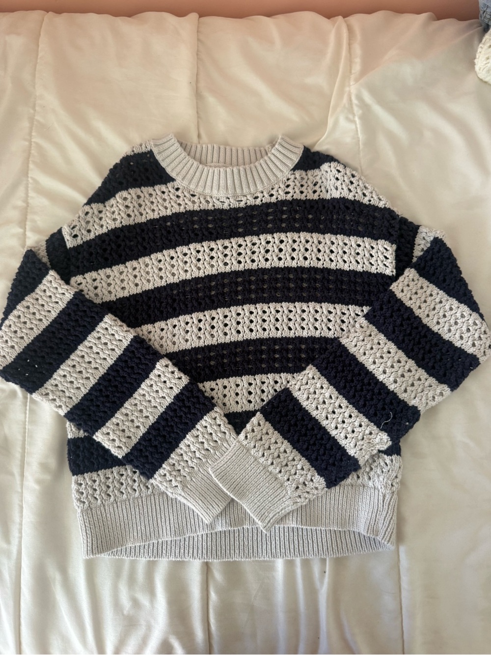 Universal Thread Crochet-Style Striped Sweater in Navy & Cream